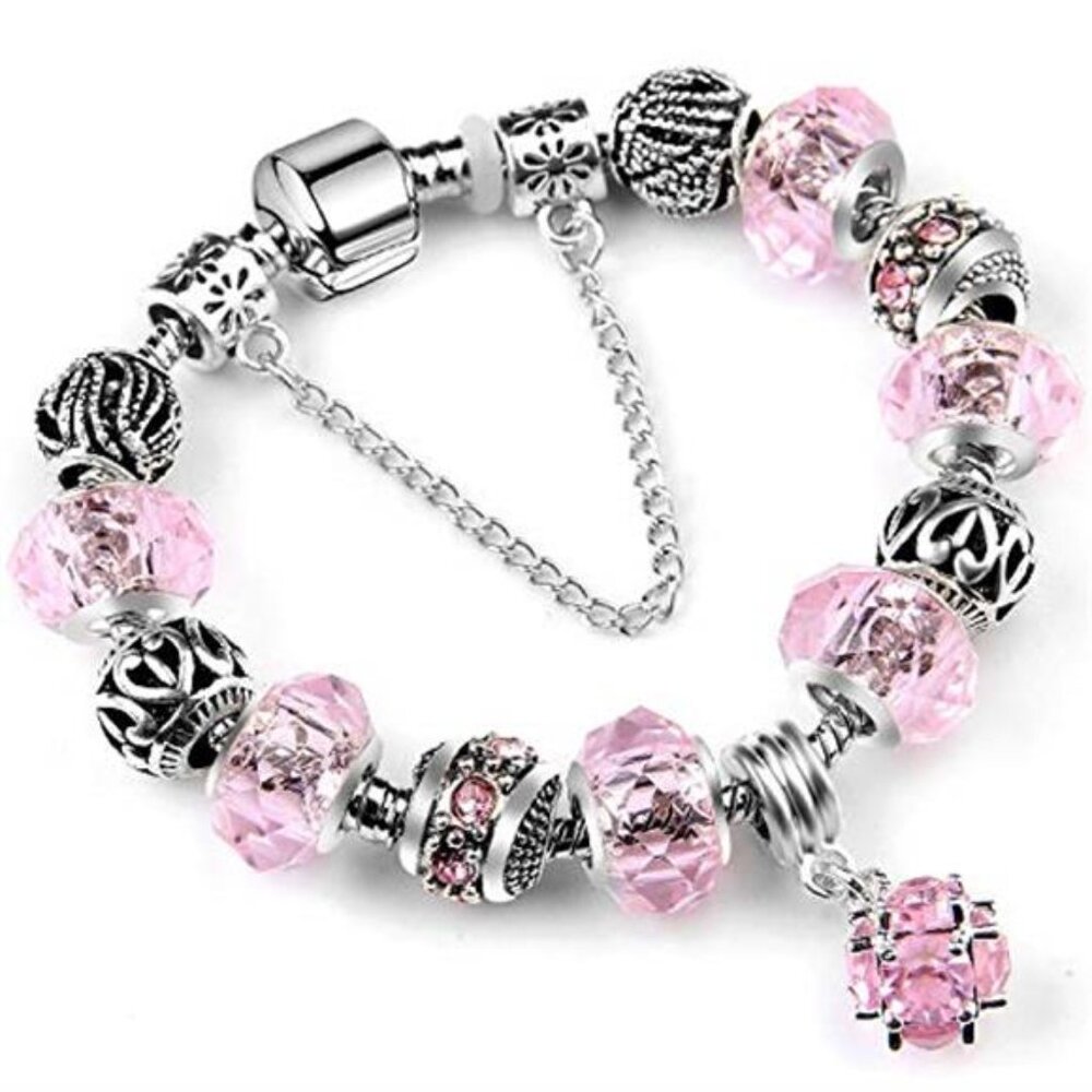 Womens Charm Bracelet Murano Glass Beads Flower Amethyst Jewelry Gift for Her